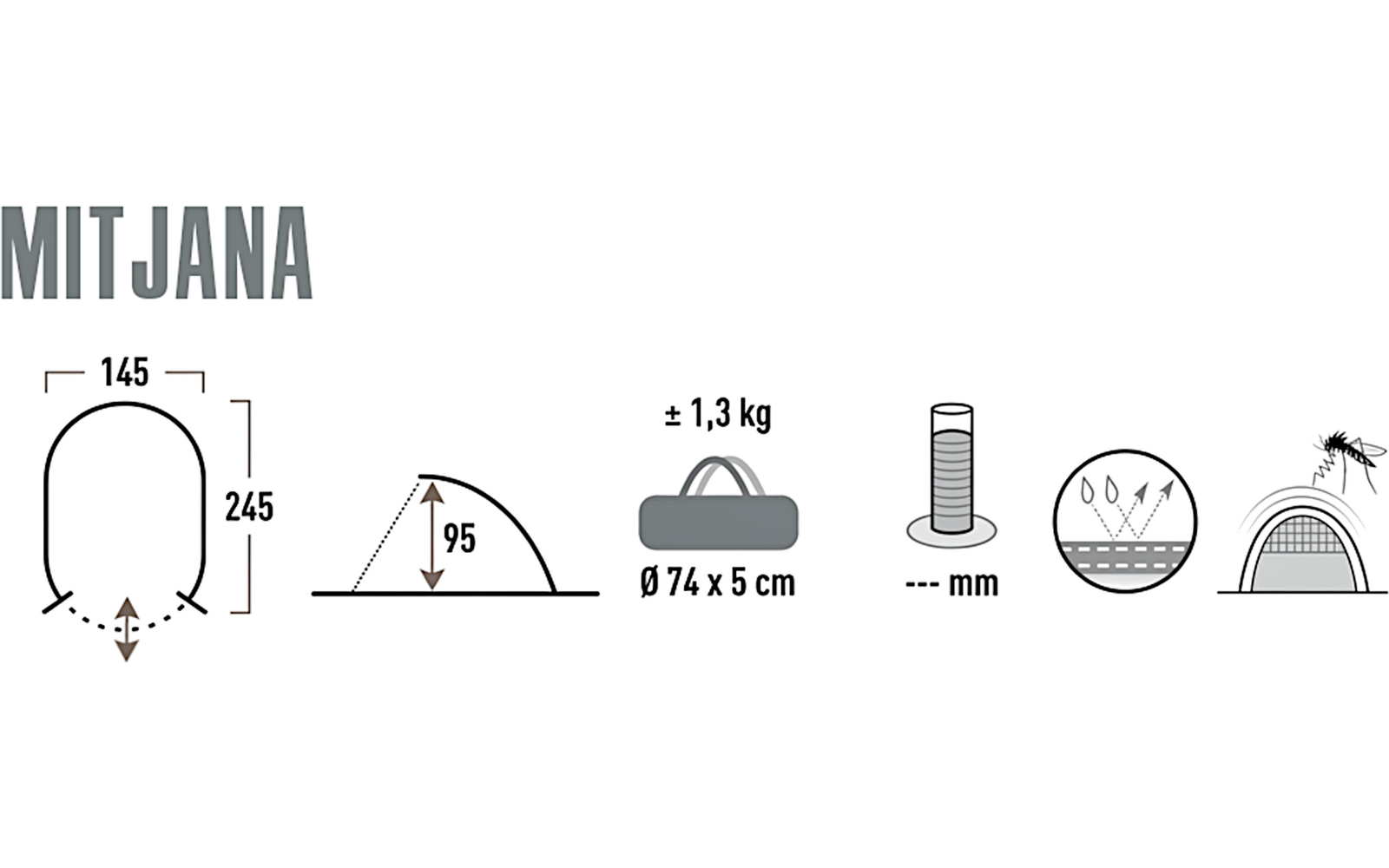 Tekst 'MITJANA', afgeronde koepelvorm met pijlen en maten '145' en '245', driehoekig zijaanzicht '95', draagtas-icoon '± 1,3 kg' 'Ø 74 x 5 cm', haring-icoon '--- mm', twee ronde iconen met bodem- en gaasmotief, klein halfrond object met mug