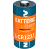 Zylindrische Lithium-Batterie mit orangefarbener Etikette 'BATTERIE LITHIUM 1x CR123A GERMAN QUALITY CHECK' und metallischem oberen Kontakt