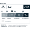 Etikett 'TRAIL LITE™', großes Feld 'R VALUE 3.2', rechts Kästchen mit Häkchen 'ASTM F3340-18'. Darunter horizontale Skala mit Markierungen R1, R2, R4, R6 und Symbolen (Sonne, Blume, Ahornblatt, Schneeflocken), Beschriftungen 'SUMMER', '3-SEASON', 'AL
