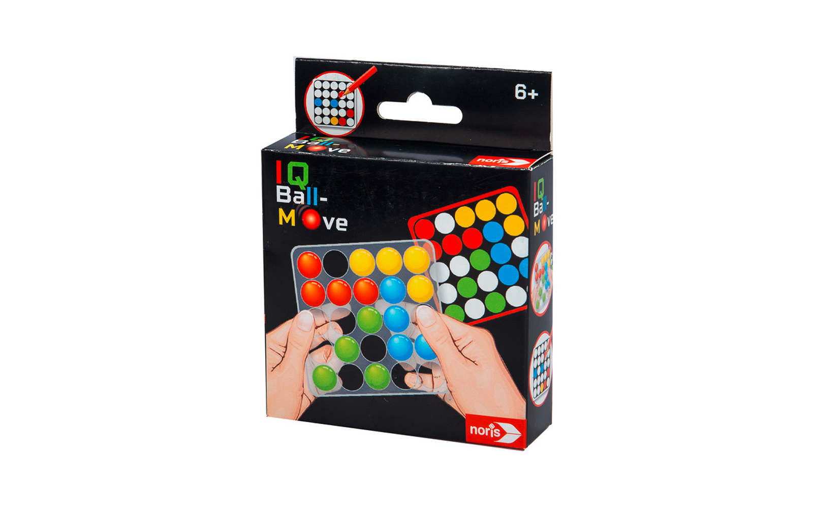 Emballage d'un jeu IQ Ball Move avec deux mains déplaçant des balles colorées sur un plateau de jeu