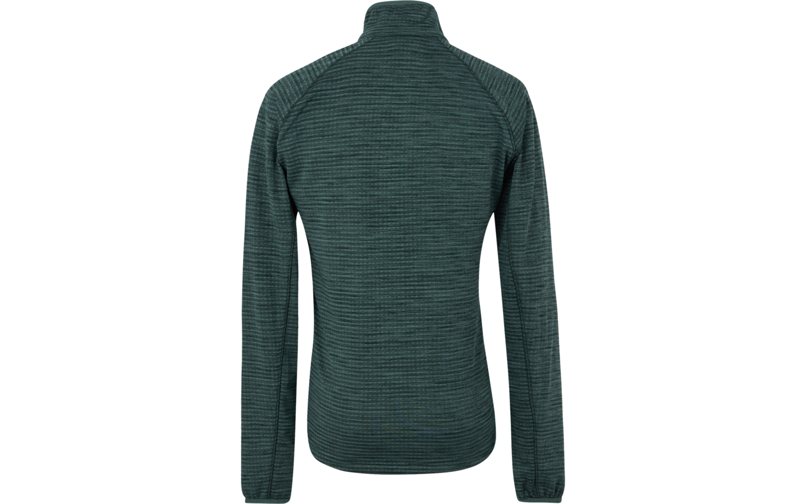 Rückenansicht eines langen, dunkelgrünen Funktionsshirts mit Stehkragen und langen Ärmeln