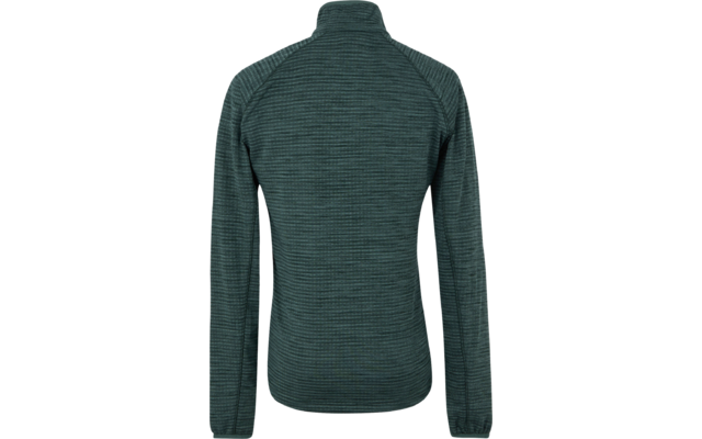 Rückenansicht eines langen, dunkelgrünen Funktionsshirts mit Stehkragen und langen Ärmeln