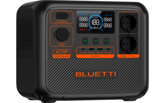 Tragbares schwarzes Stromaggregat mit Steckdosen und digitalem Display