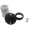 Weißes Kunststoffrohr, schwarzer Ein-/Ausschalter mit Ring und zwei Schrauben, alle auf weißem Hintergrund