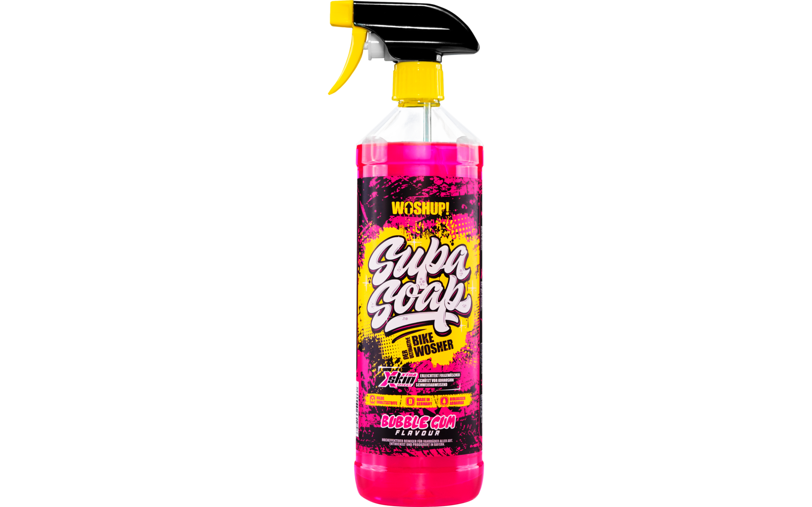 Flasche mit rosa Flüssigkeit und schwarzem Sprühkopf vor weißem Hintergrund