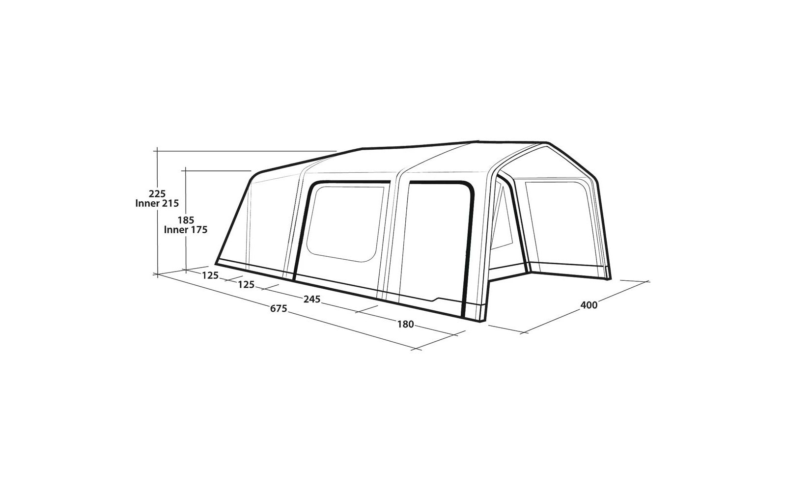 Zwart-witte lijntekening van een boogvormige, met lucht gevulde constructie met een frontopening, een rechthoekig zijraam en maatannotaties