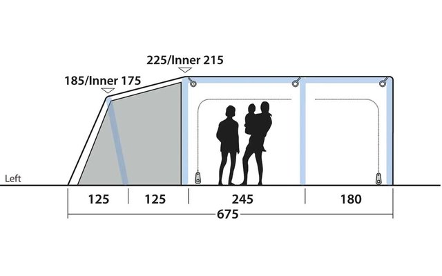 Zijaanzicht van een door palen gedragen stoffen constructie met drie compartimenten, twee staande silhouetten en afmetingen 125, 125, 245, 180 (totaal 675); hoogtes 225/Inner 215 en 185/Inner 175; label links 'Left'