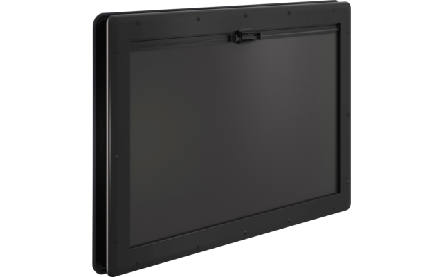 Schwarzes rechteckiges Panel mit dunkler Fläche, umlaufendem Rahmen und einem Verschluss oben mittig