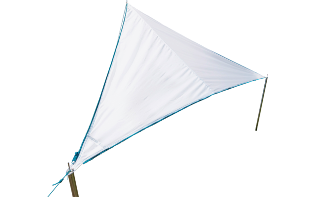 White triangular sunshade on a grassy field, with trees and blue sky in the background