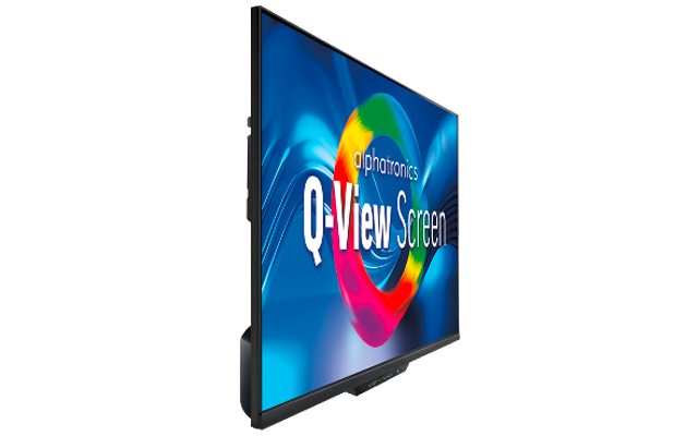 Schräg stehender Flachbildschirm mit schwarzem Rahmen; auf dem Display bunte kreisförmige Grafik und weißer Text Q-View Screen sowie kleiner Text alphatronics