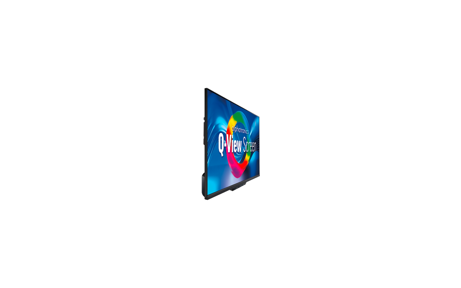 Schräg stehender Flachbildschirm mit schwarzem Rahmen; auf dem Display bunte kreisförmige Grafik und weißer Text Q-View Screen sowie kleiner Text alphatronics