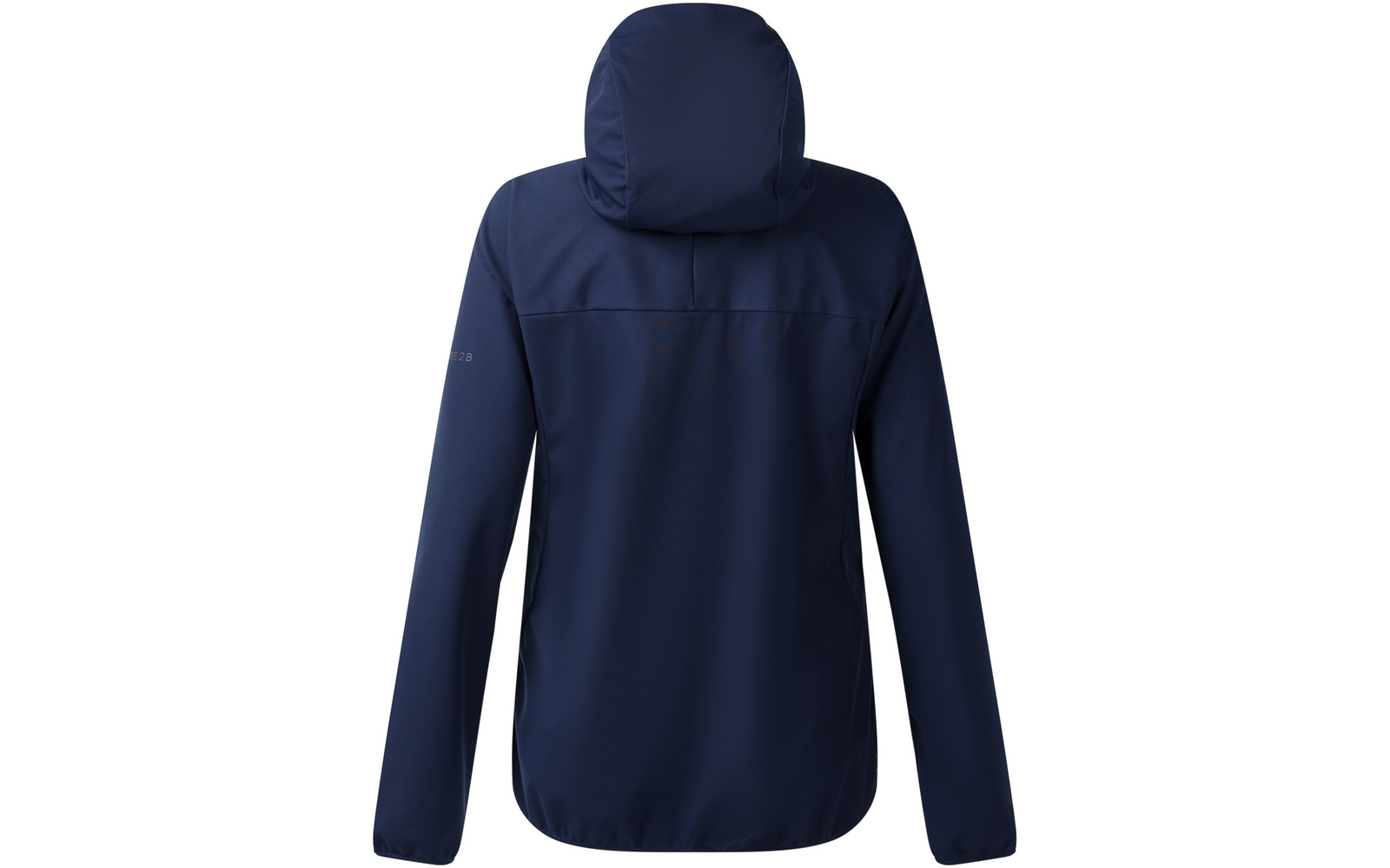 Vista trasera de una chaqueta azul oscuro con capucha, mangas largas, costura horizontal en la espalda, dobladillo redondeado y pequeño logo en la manga izquierda