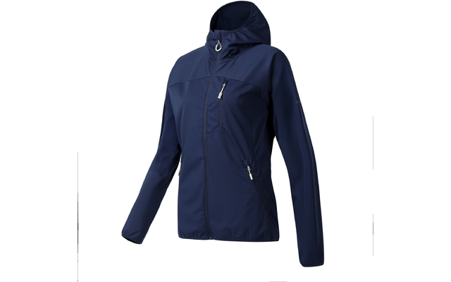 Chaqueta con capucha azul marino con cremallera frontal, bolsillo diagonal en el pecho con cremallera y dos bolsillos laterales con cremallera, mangas largas, sobre fondo blanco