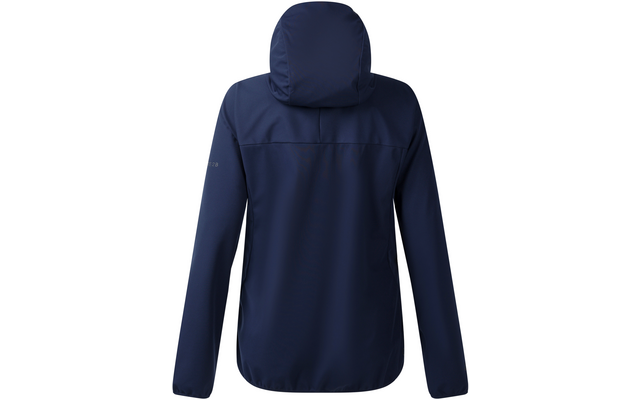 Vista trasera de una chaqueta azul oscuro con capucha, mangas largas, costura horizontal en la espalda, dobladillo redondeado y pequeño logo en la manga izquierda