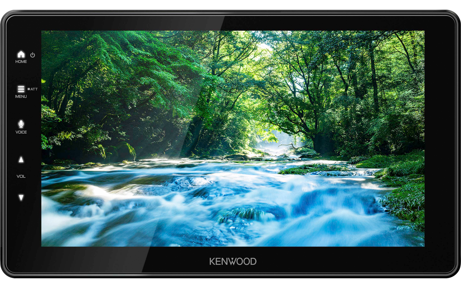 Schwarzes rechteckiges elektronisches Gerät mit Bildschirm, darauf ein fließender Bach in einem grünen Wald; auf dem Rahmen steht "KENWOOD"