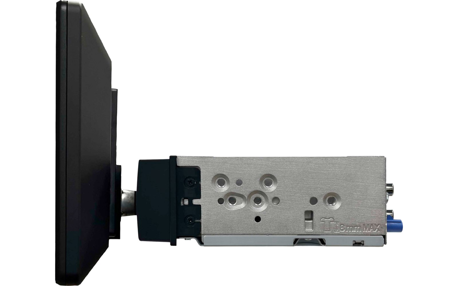 Seitliche Ansicht: links flaches schwarzes Display, rechts silbernes Metallgehäuse mit Schrauben und Öffnungen, blaues Anschlussstück an der rechten Kante