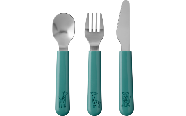 Ein Löffel, eine Gabel und ein Messer mit blauen Griffen