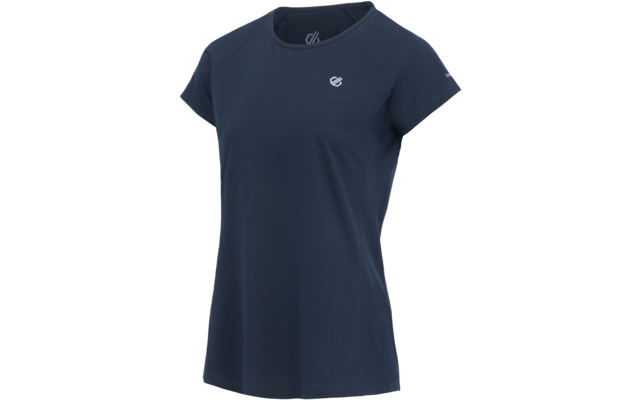 Dunkelblaues kurzärmeliges T-Shirt mit rundem Halsausschnitt auf weißem Hintergrund, kleines weißes Logo auf linker Brust