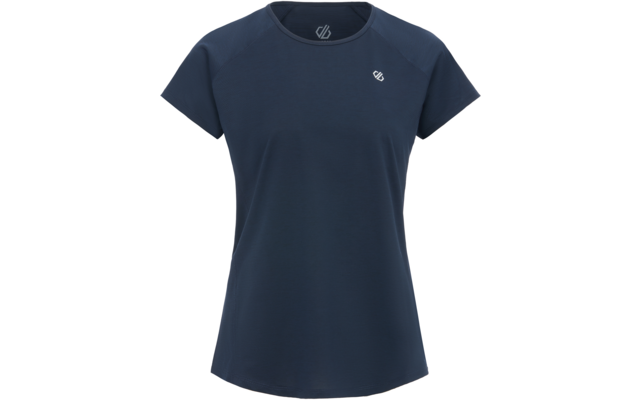 Dunkelblaues kurzärmeliges T‑Shirt mit Rundhalsausschnitt, Frontalansicht, kleines weißes Logo auf linker Brust