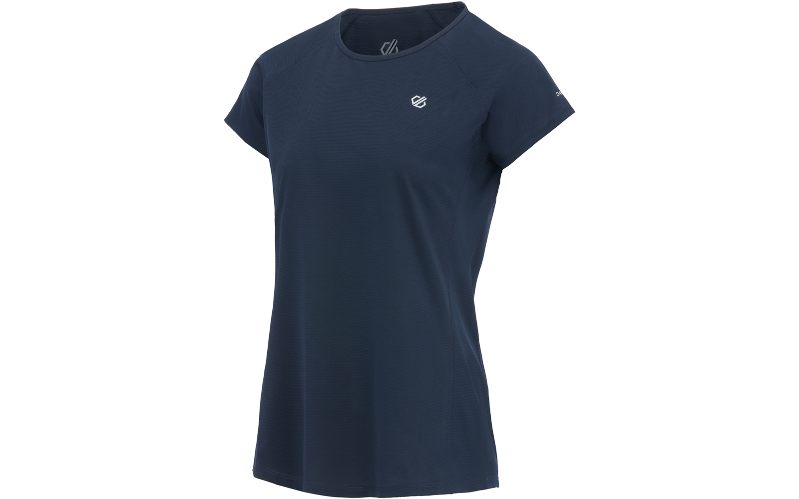 Dunkelblaues kurzärmeliges T-Shirt mit rundem Halsausschnitt auf weißem Hintergrund, kleines weißes Logo auf linker Brust