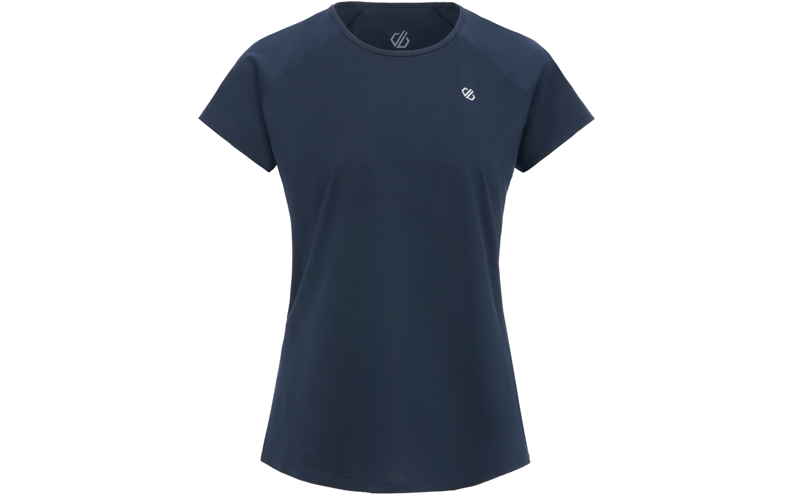 Dunkelblaues kurzärmeliges T‑Shirt mit Rundhalsausschnitt, Frontalansicht, kleines weißes Logo auf linker Brust