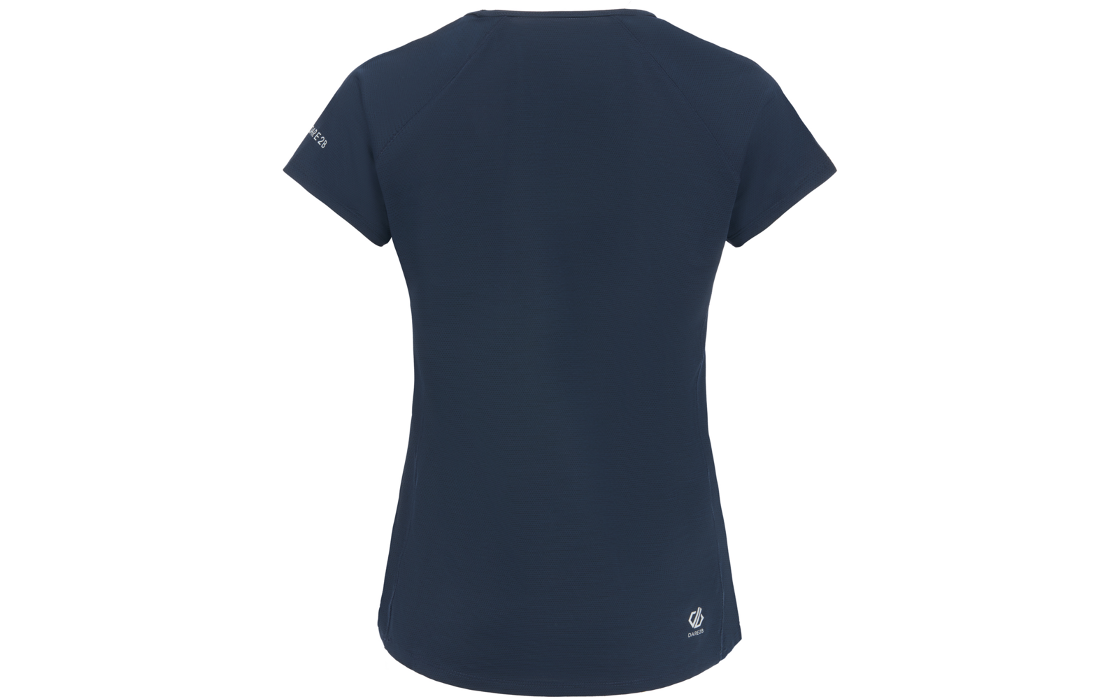 Rückansicht eines dunkelblauen kurzärmligen T-Shirts mit Rundhalsausschnitt und kleinen weißen Logos am linken Ärmel und unten rechts am Rücken