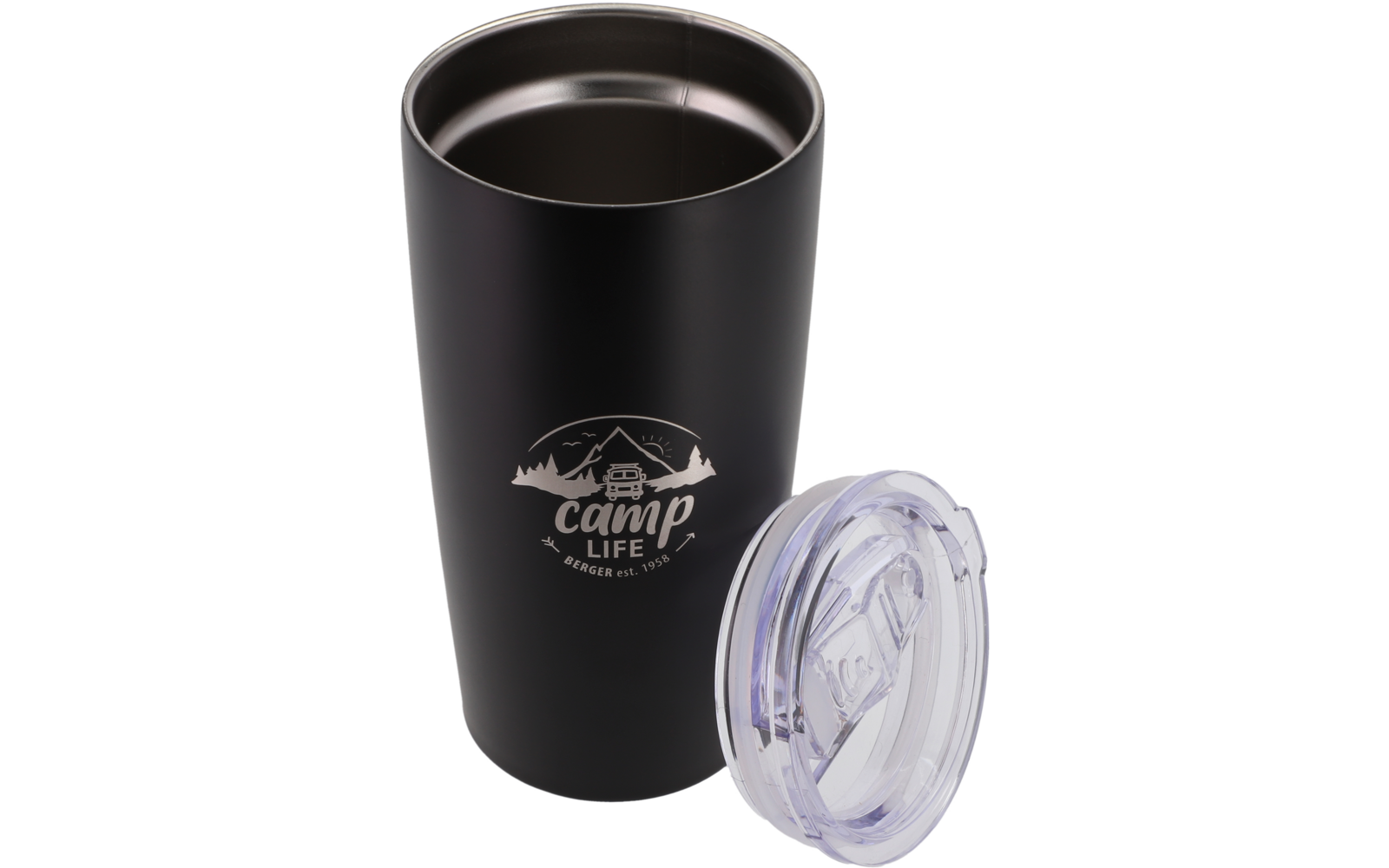 Gobelet noir avec couvercle transparent amovible et logo blanc "camp life"