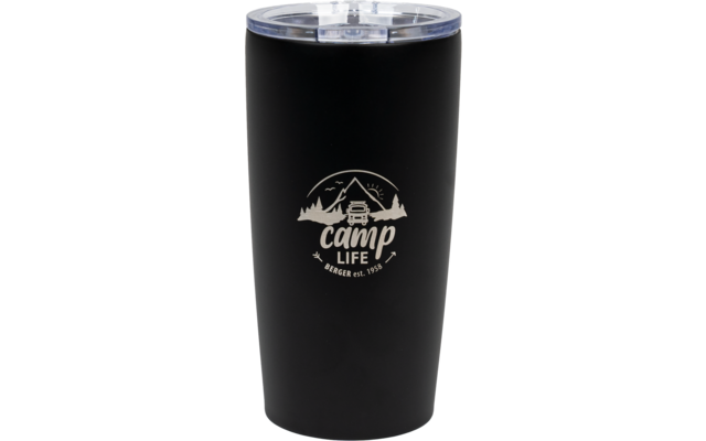 Zwarte drinkbeker met deksel en witte opdruk 'Camp Life' voor een bergsiluet