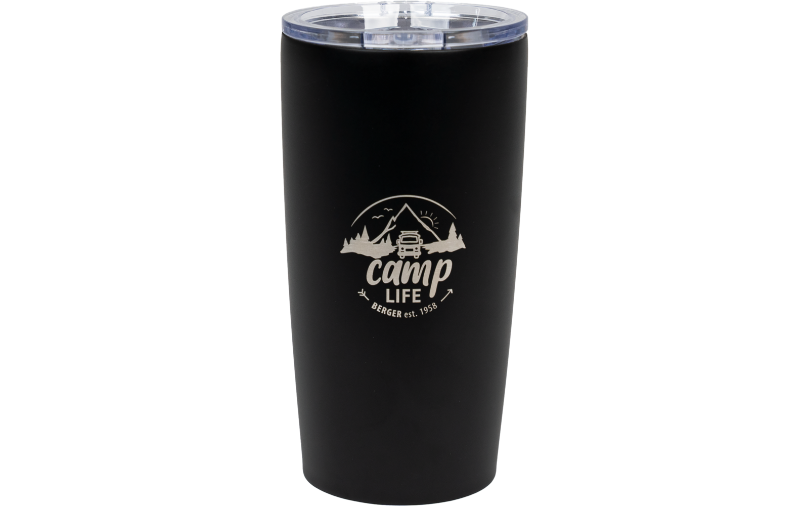Zwarte drinkbeker met deksel en witte opdruk 'Camp Life' voor een bergsiluet