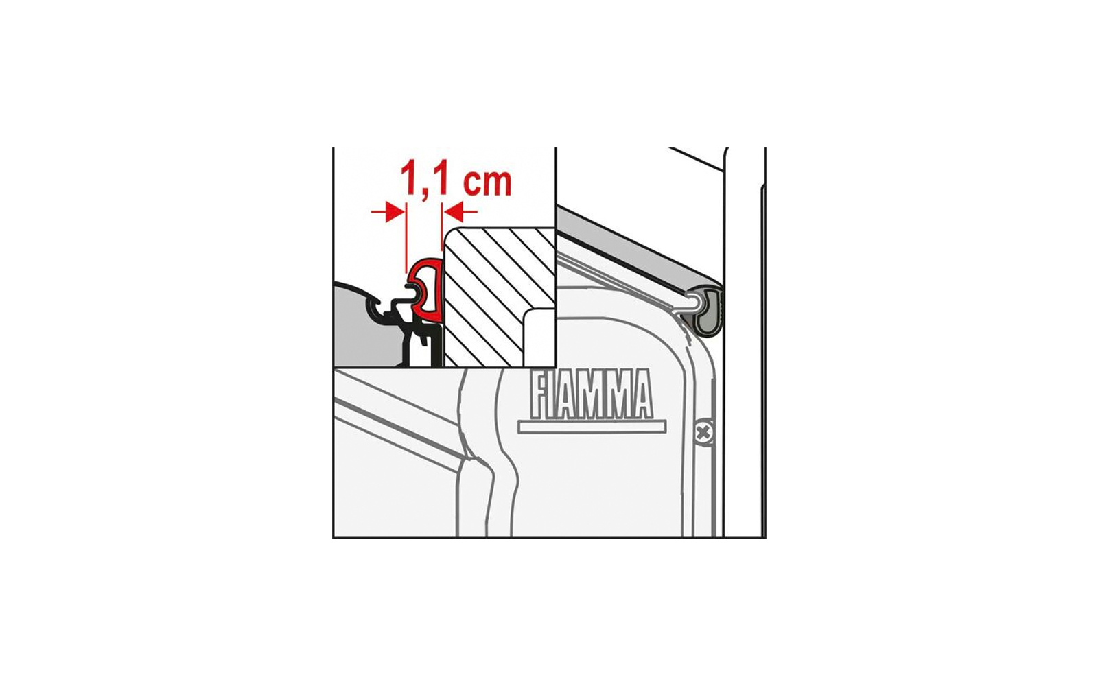 Line drawing (cross-section) of a frame with a red profile, red measurement arrow and '1,1 cm' label, grey hatching, the word 'FIAMMA' and a cross-head screw