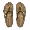 Two olive-green flip-flop sandals side by side, top-down view; footbeds with yellow-beige palm tree print, white label on the straps, black lug soles, yellow decorative stitching