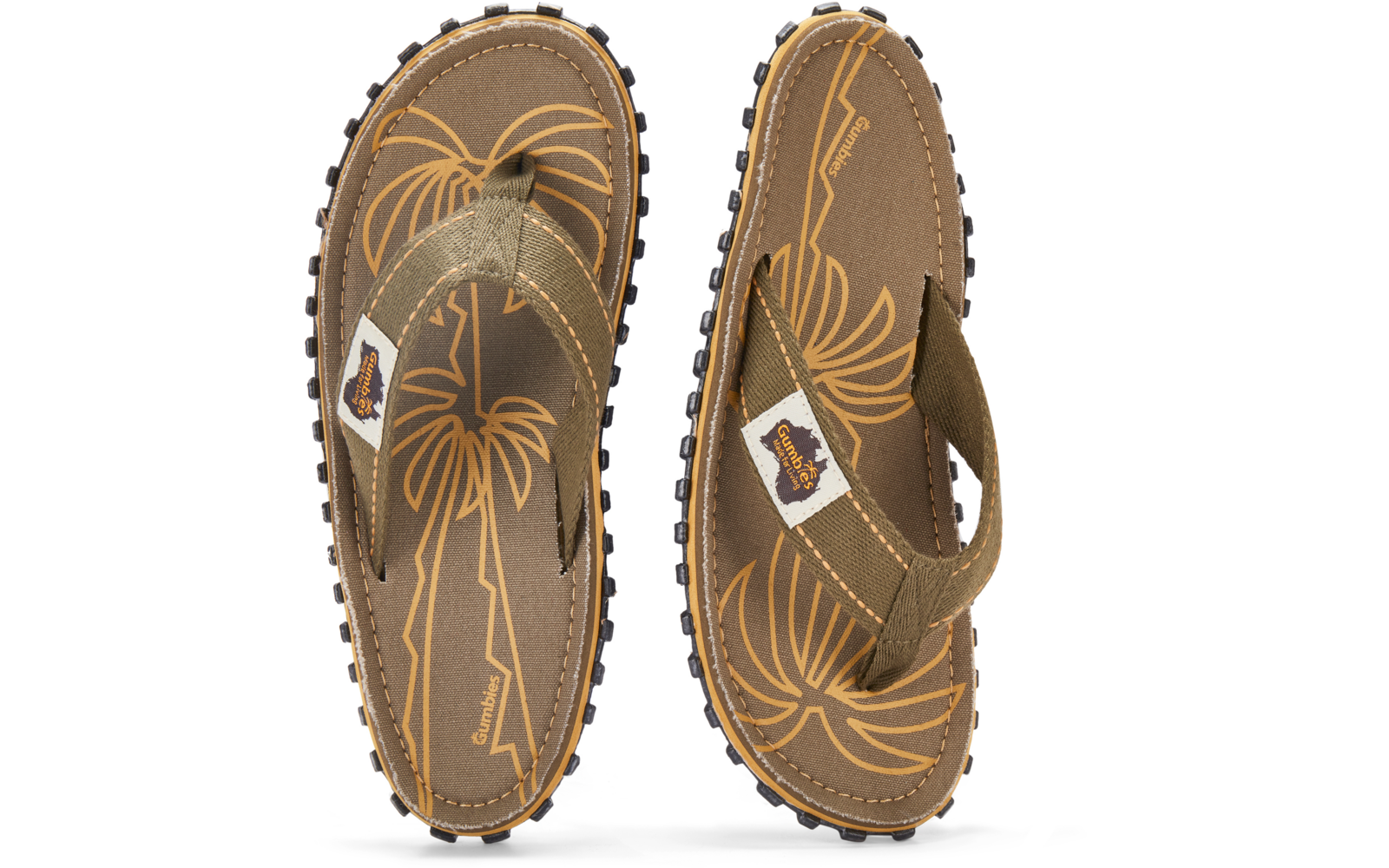 Two brown flip-flop sandals seen from above, yellow palm-tree print, fabric straps with white brand tag, textured rubber soles
