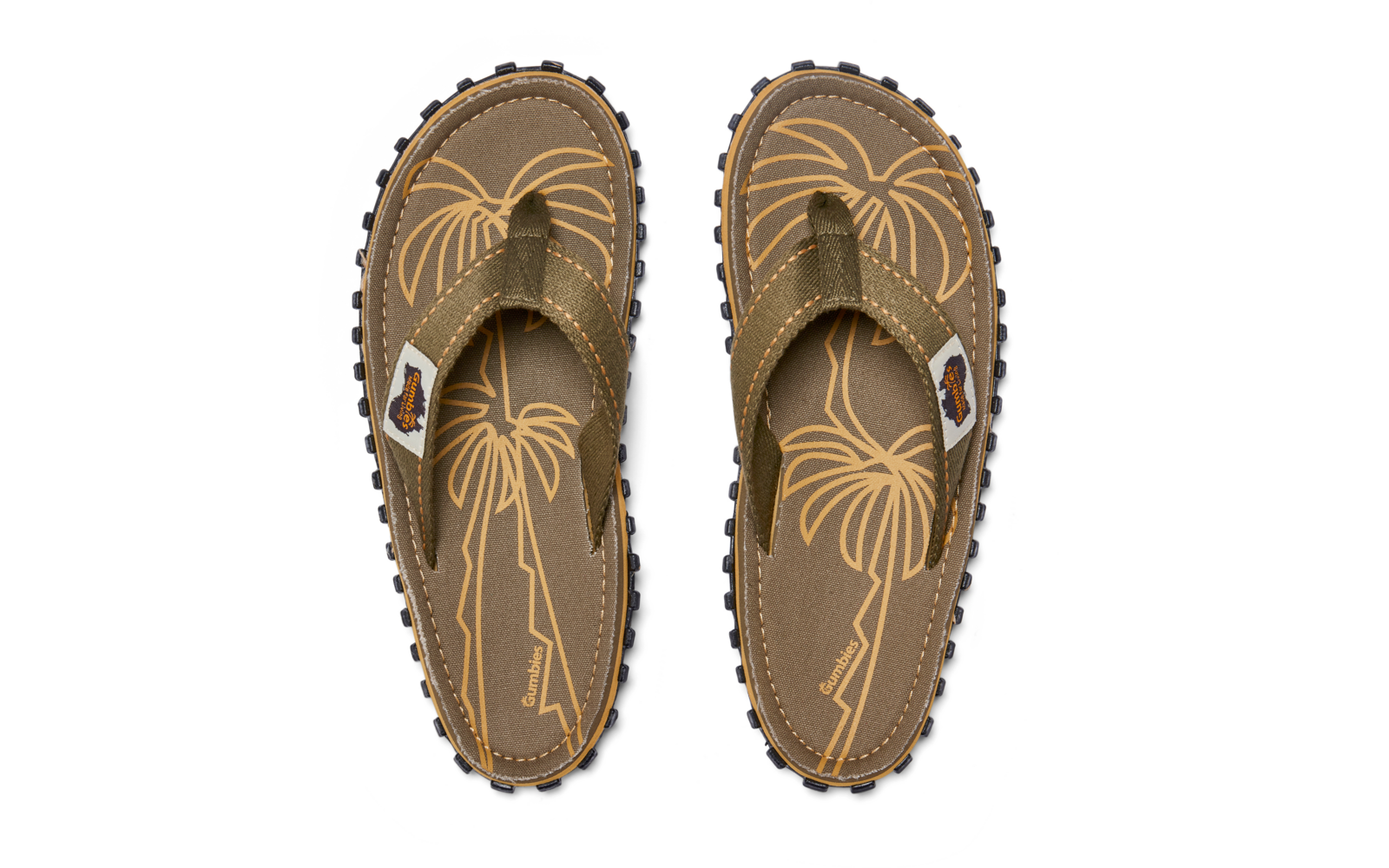 Two olive-green flip-flop sandals side by side, top-down view; footbeds with yellow-beige palm tree print, white label on the straps, black lug soles, yellow decorative stitching
