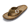 Brown flip‑flop sandal with olive fabric thong strap, small fabric label reading "Gumbies", light leaf pattern on the footbed, and black treaded sole