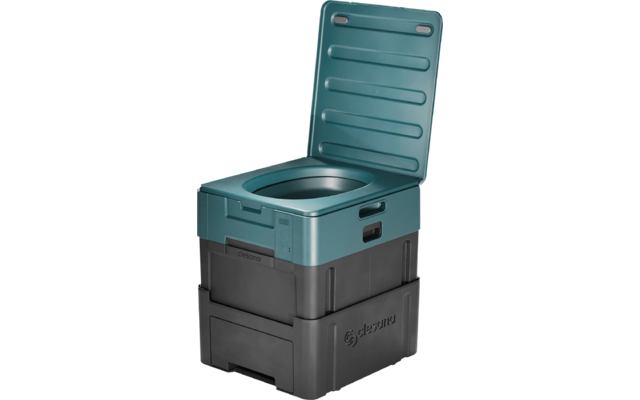 Aufgestapeltes rechteckiges Kunststoffgehäuse in Türkis und Dunkelgrau mit geöffnetem Deckel und sichtbarer ovaler Innenwanne