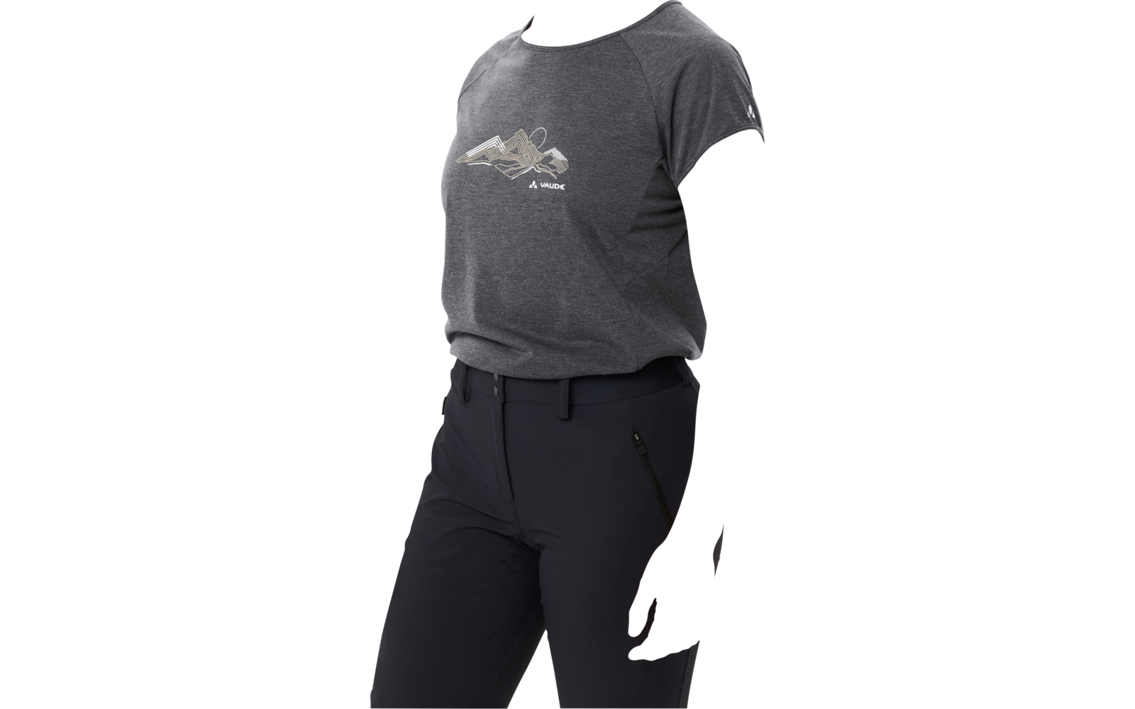 Person with blonde curly ponytail looking down, wearing a dark gray T‑shirt with a small mountain logo and dark pants on a white background