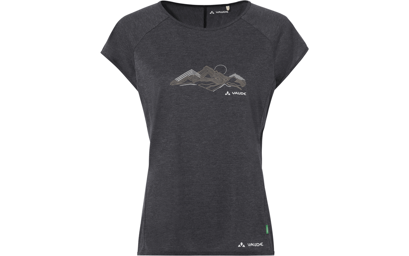 Dunkelgraues Damen-T-Shirt mit kurzen Ärmeln, Bergmotiv auf der Brust und Vaude-Logo