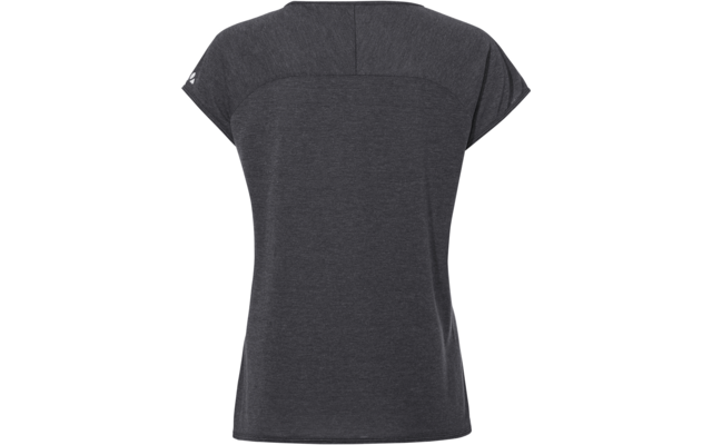 Rückansicht eines dunkelgrauen kurzärmeligen T‑Shirts mit horizontaler Naht im oberen Rücken und kleinem weißem Logo am linken Ärmel