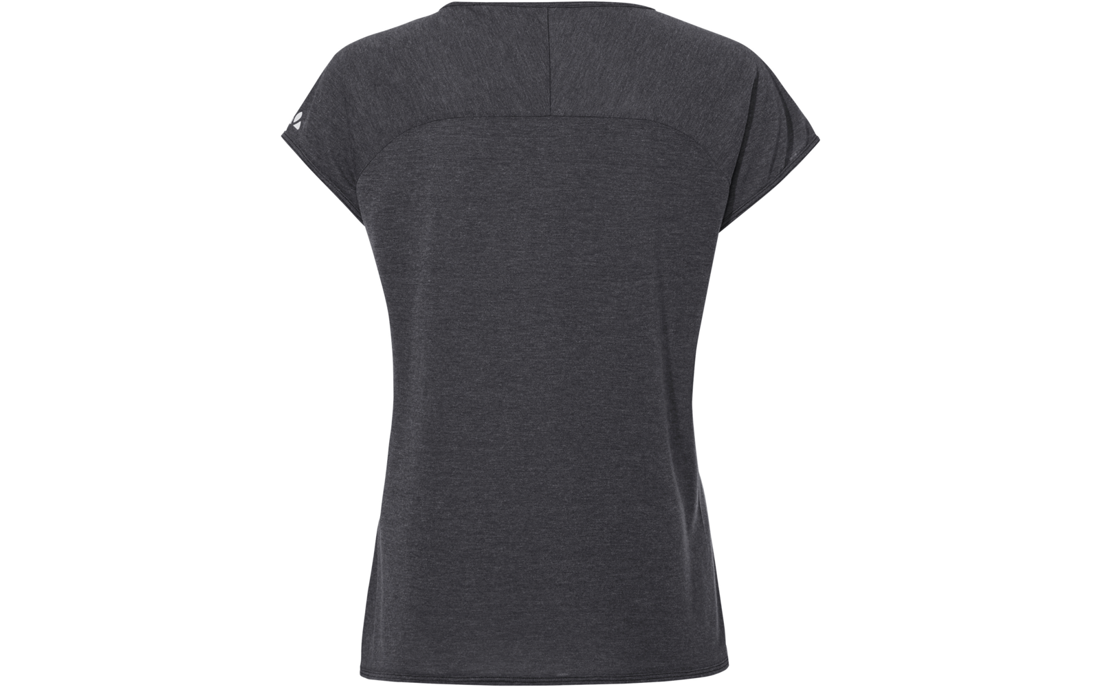 Rückansicht eines dunkelgrauen kurzärmeligen T‑Shirts mit horizontaler Naht im oberen Rücken und kleinem weißem Logo am linken Ärmel