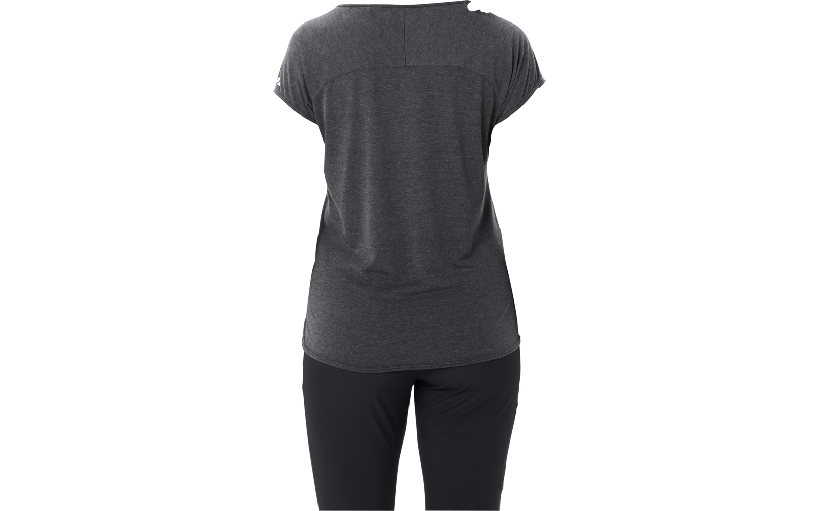 Person seen from the back, blonde curly hair in a ponytail, wearing a dark gray short-sleeve T‑shirt and black pants, white background