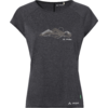 Dunkelgraues Damen-T-Shirt mit kurzen Ärmeln, Bergmotiv auf der Brust und Vaude-Logo