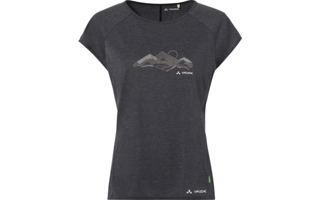 Dark gray women's T-shirt with short sleeves, mountain graphic on the chest and Vaude logo