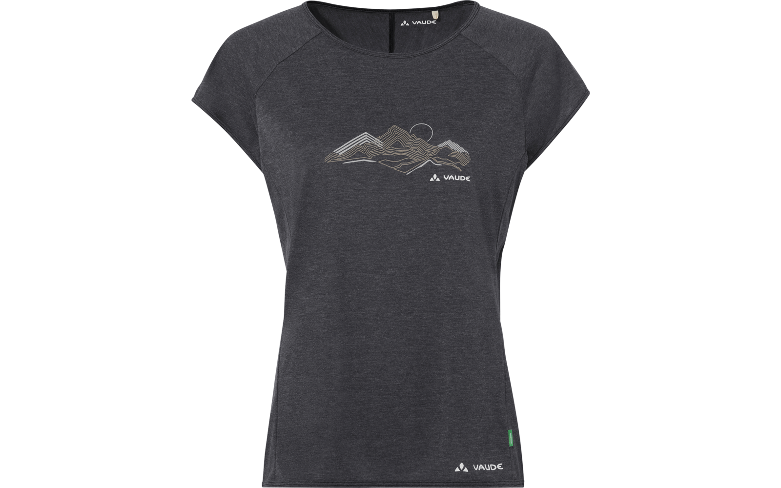 Dark gray women's T-shirt with short sleeves, mountain graphic on the chest and Vaude logo