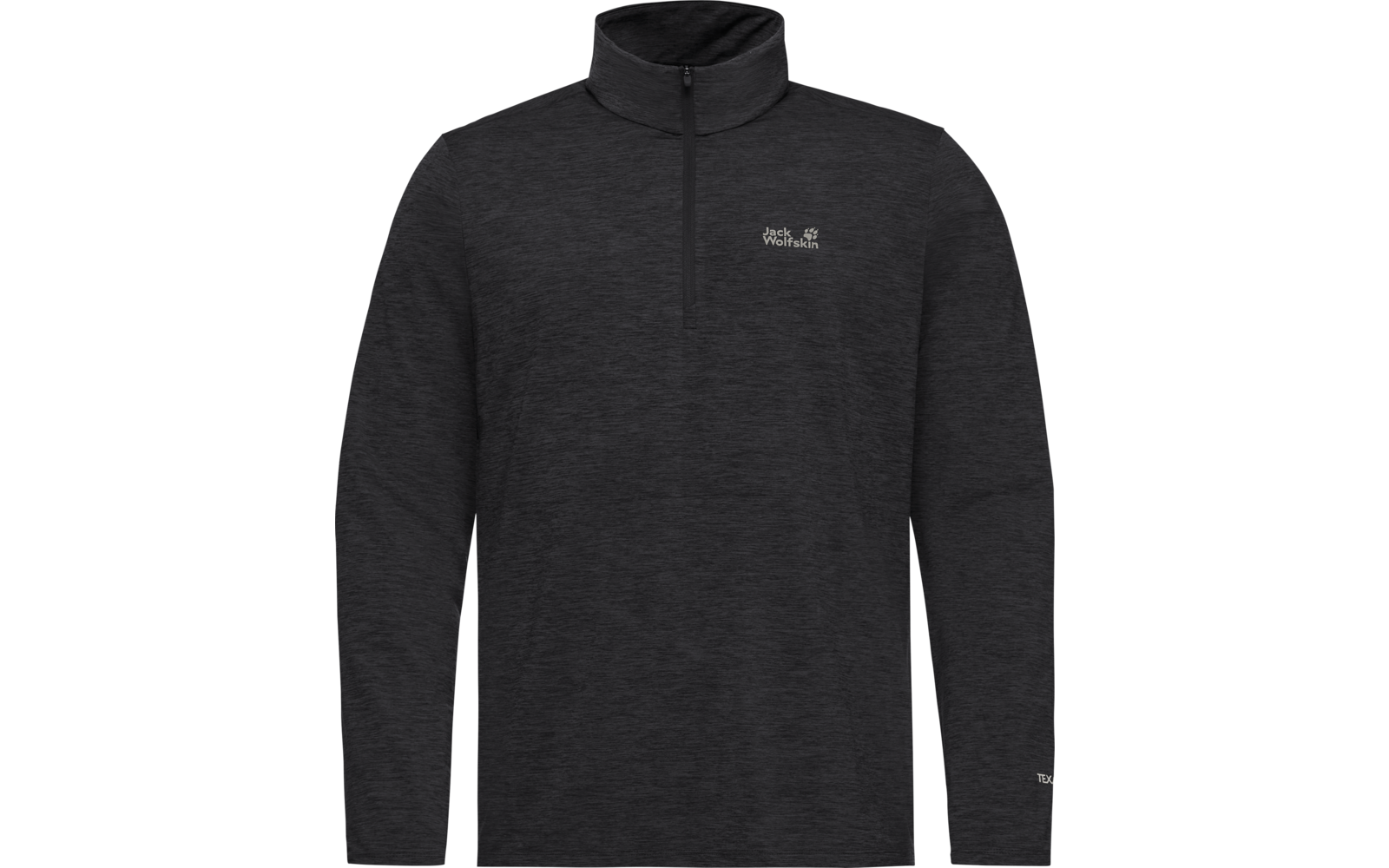 Dunkelgrauer, melierter Langarmpullover mit kurzem Reißverschluss, Stehkragen und kleinem weißem Markenlogo auf der linken Brust