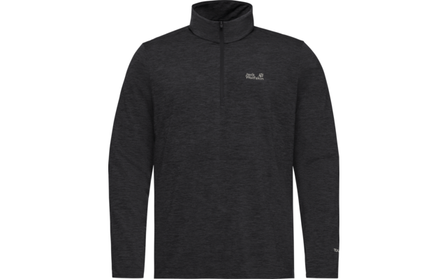 Dunkelgrauer, melierter Langarmpullover mit kurzem Reißverschluss, Stehkragen und kleinem weißem Markenlogo auf der linken Brust