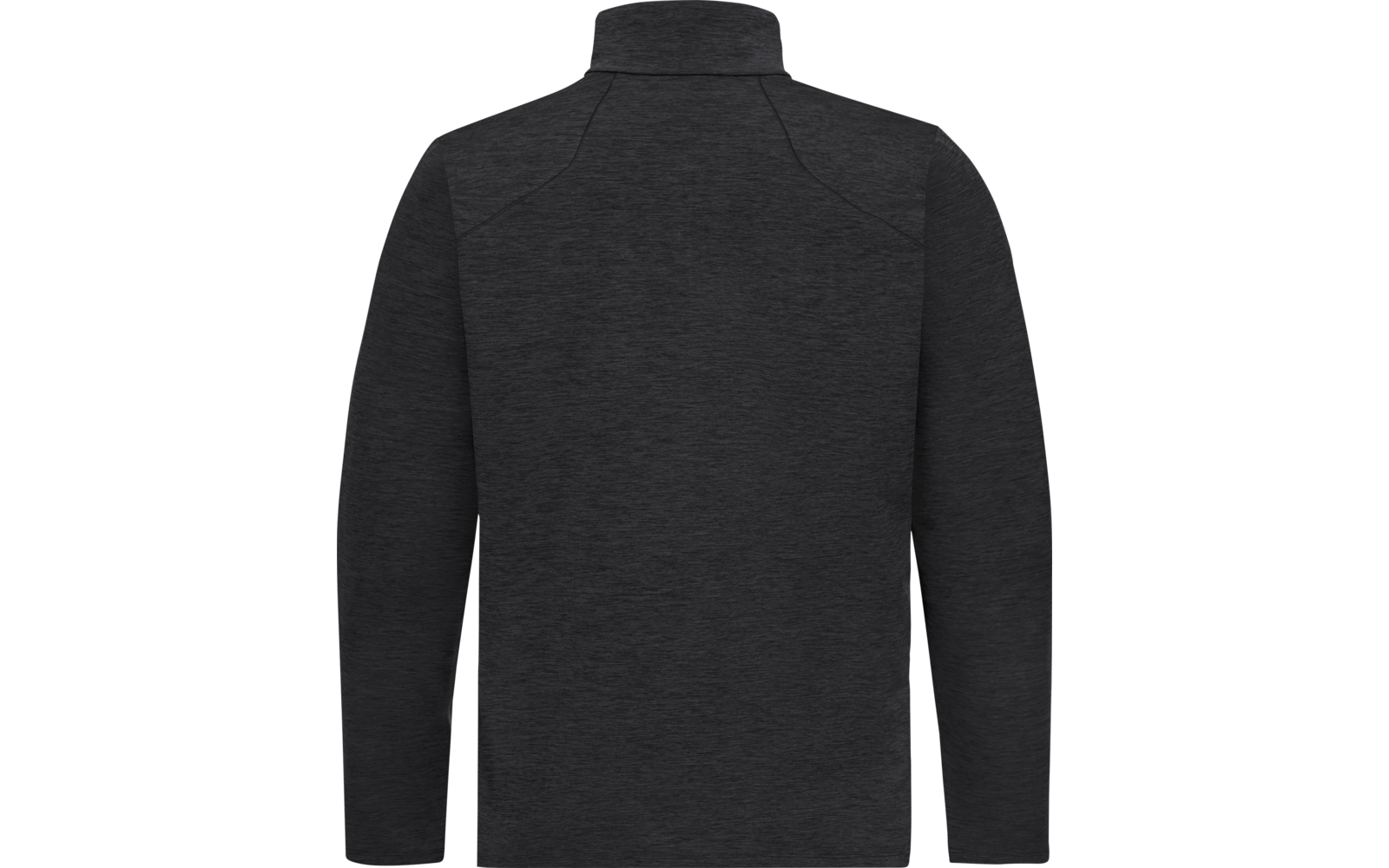 Rückansicht einer dunkelgrauen Jacke mit Stehkragen, langen Ärmeln und sichtbaren Schulternähten