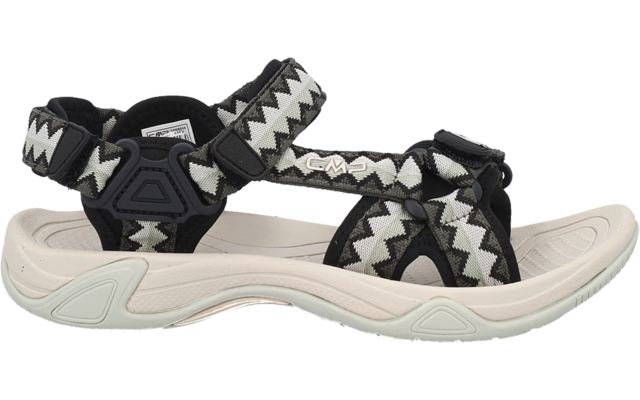 Schwarze Sandale mit weißem Zickzackmuster auf verstellbaren Klettbändern und hellbeiger profilierter Sohle