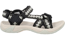 Schwarze Sandale mit weißem Zickzackmuster auf verstellbaren Klettbändern und hellbeiger profilierter Sohle