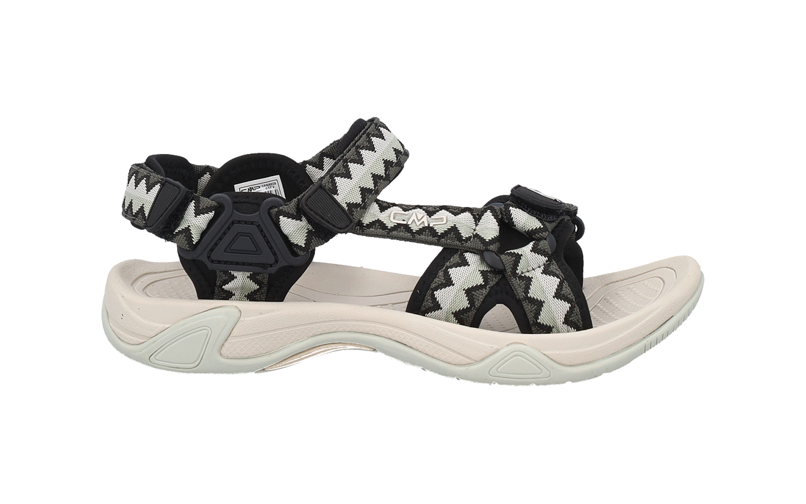 Schwarze Sandale mit weißem Zickzackmuster auf verstellbaren Klettbändern und hellbeiger profilierter Sohle
