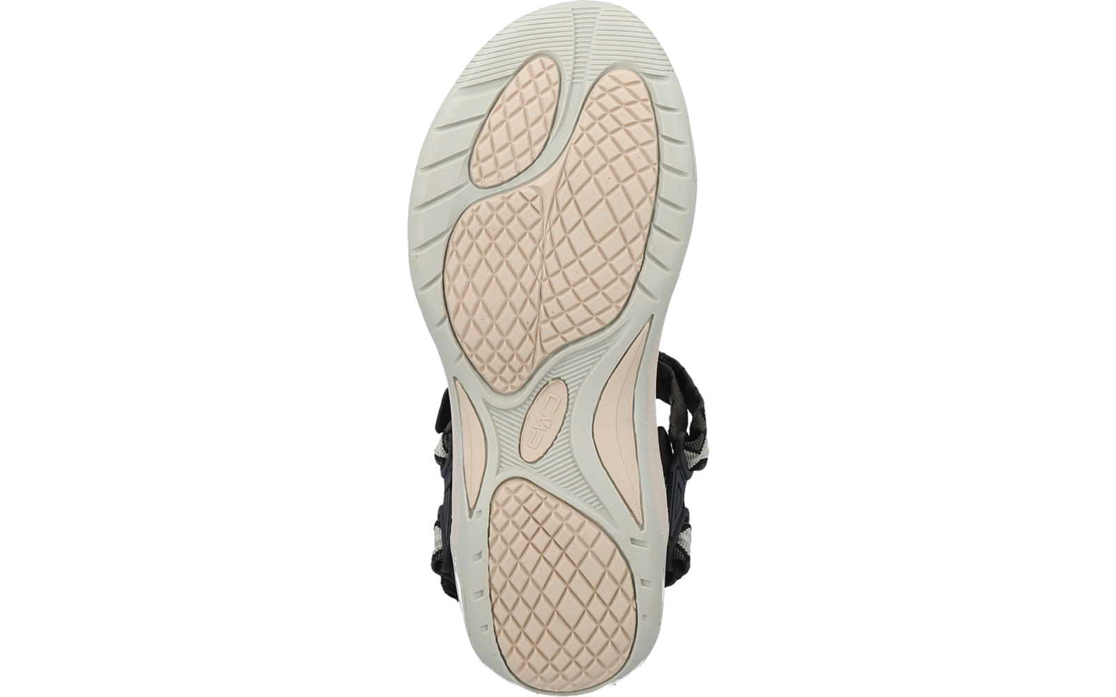 Unterseite einer Schuhsohle, hellgraue Sohle mit beigen Profilbereichen und sichtbaren schwarzen Riemen am oberen Rand